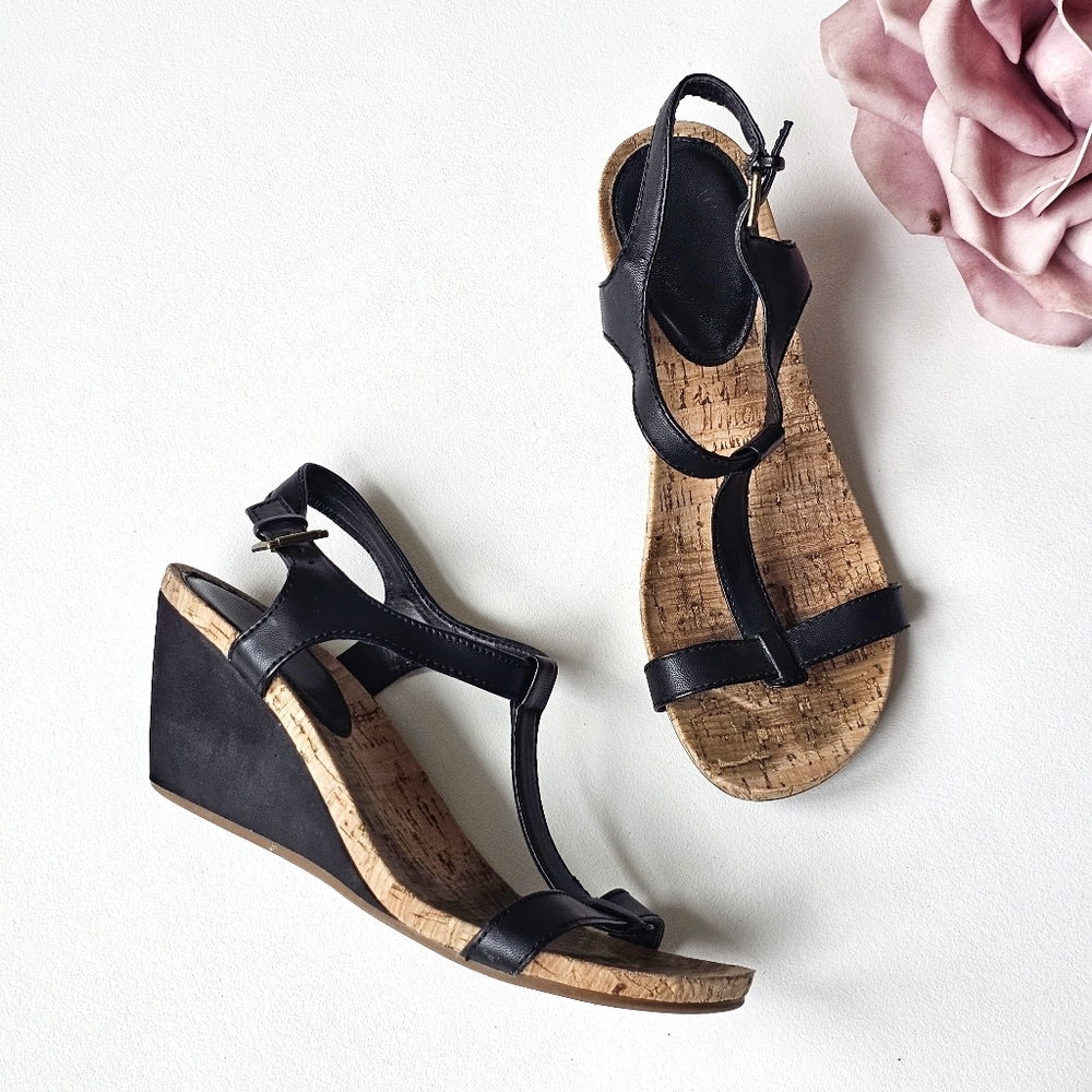 Bass SunJuns Bloom Cork Wedge T-Strap Sandals Black Women’s 9.5M